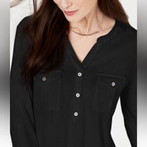 LUCKY BRAND Women split V-neckline and 3/4 Sleeves Black Top | S